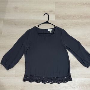 LOFT Charcoal Blouse with Lace Trim